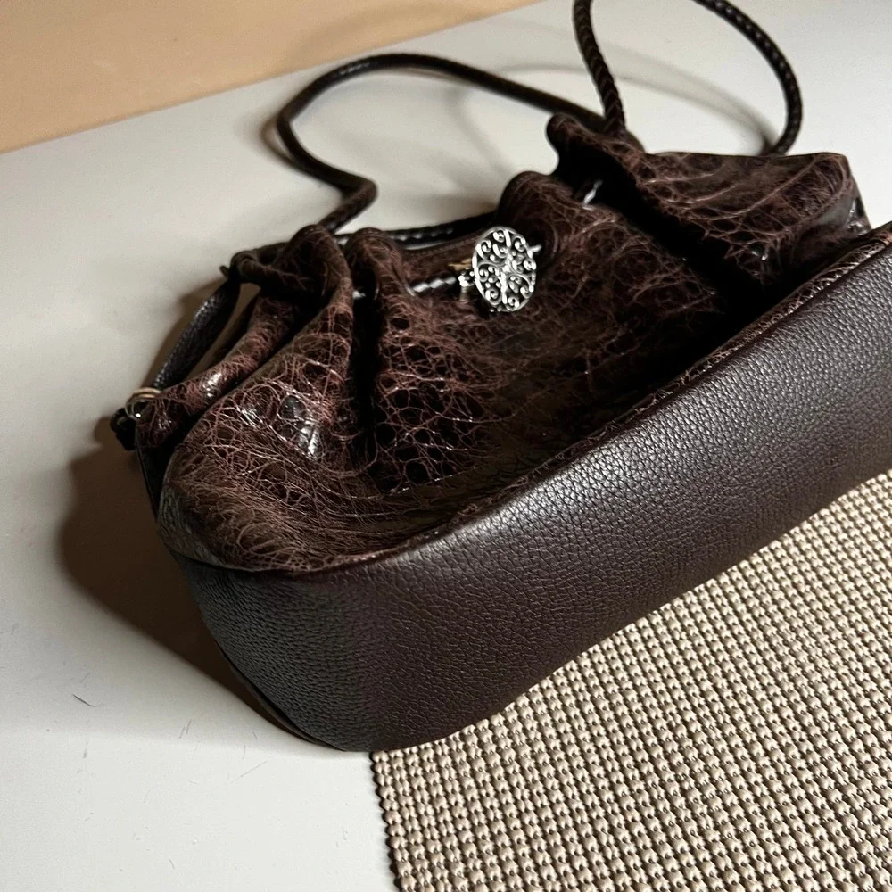 Brighton Croc Embossed Brown Leather Shoulder Bag Braided Strap Heart Charm